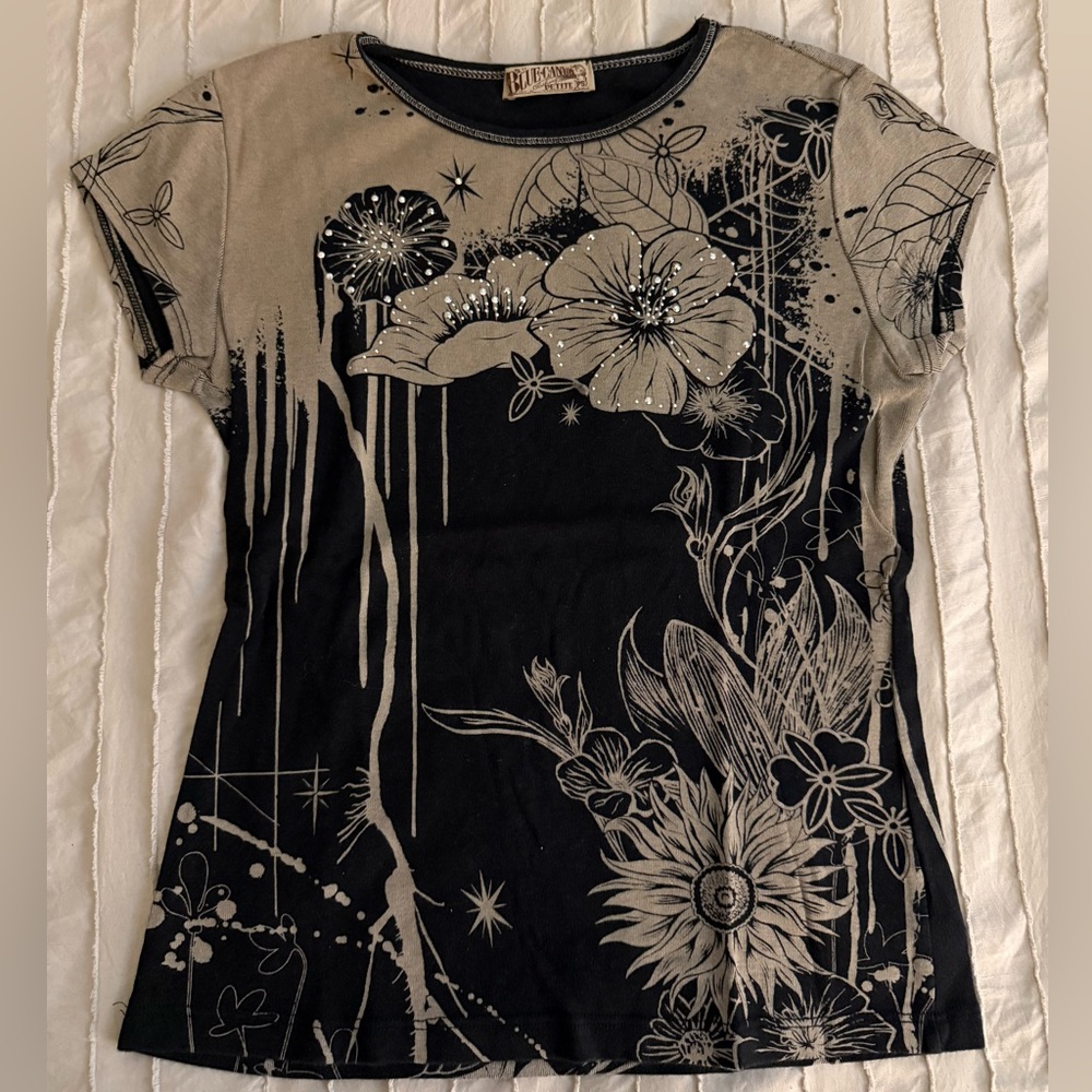 Blue Canyon Black and Dry Brown Floral Tee w/ Bling.